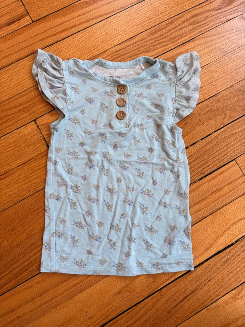 Posh Peanut Kids Light Blue Floral Flutter Sleeve Tee with Wooden Buttons